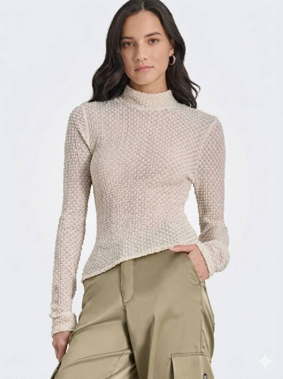 🔸️NWT DKNY Ivory Pebble Textured Fitted Long Sleeve Top Large